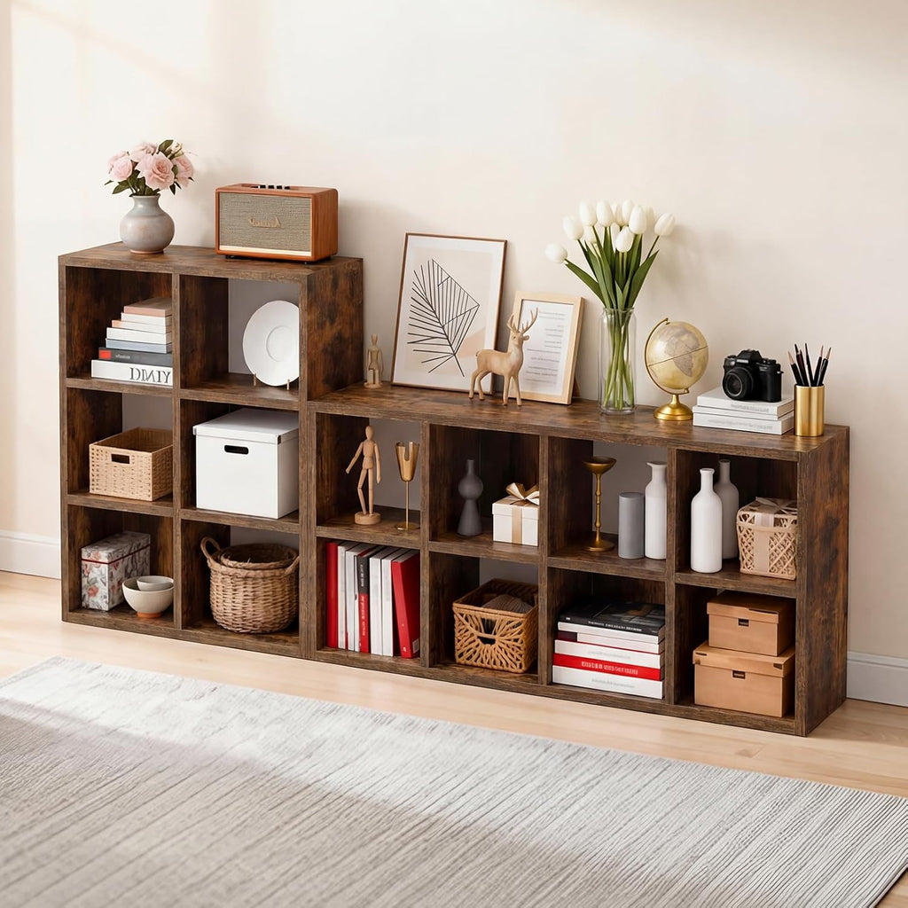LUCKLIFE 8-Cube Storage Organizer, Stackable Modular Bookcase Shelf with Vertical or Horizontal Use, Fits 11×11" Bins, Optional Back Panels, for Living Room, Office Rustic Brown