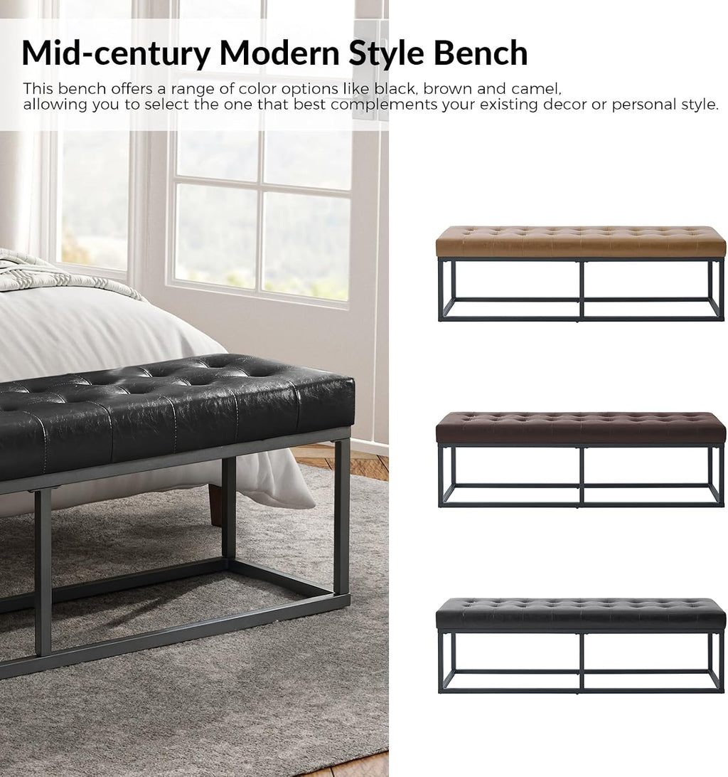 HULALA HOME 61" Faux Leather Bench with Metal Base, Upholstered Bedroom Bench for End of Bed, Button-Tufted Footstool for Entryway Living Room Dining Room, Black