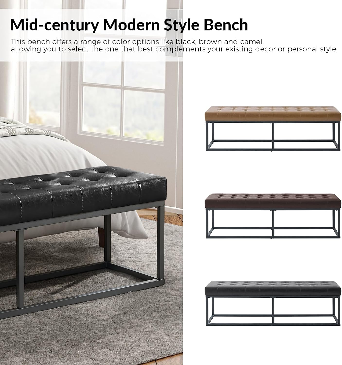 HULALA HOME 61" Faux Leather Bench with Metal Base, Upholstered Bedroom Bench for End of Bed, Button-Tufted Footstool for Entryway Living Room Dining Room, Black