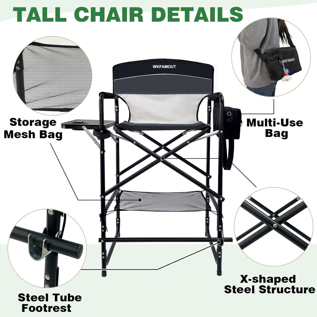 Tall Folding Director Chair 30.7" Seat Height Foldable Bar Stool for Makeup Artist Face Painting with Side Table Carry Bag and Cosmetic Bag Supports 250LBS