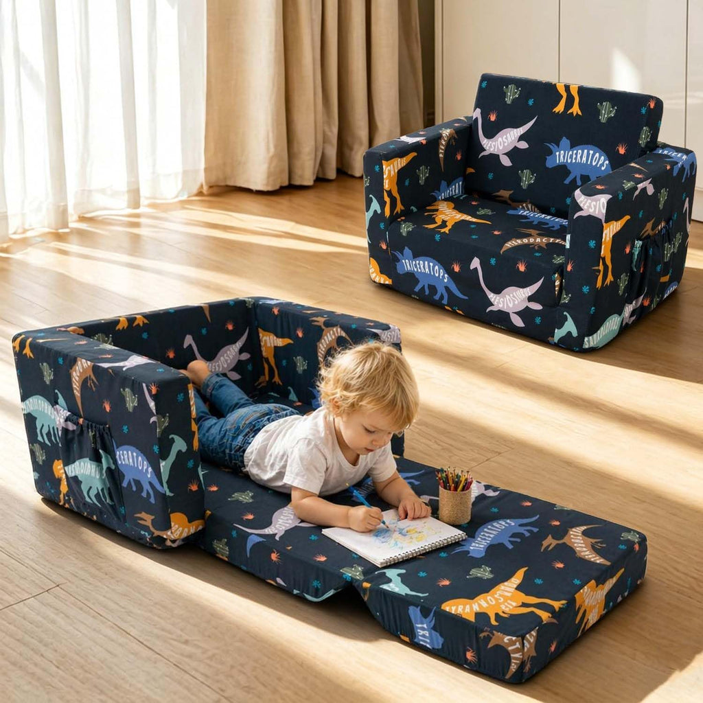 Kids Couch, 2-in-1 Kids Fold Out Couch, Convertible Kid Sofa to Lounger for Girls and Boys, Soft Toddler Chairs Comfy 1-3 Years Old (Dinosaur)