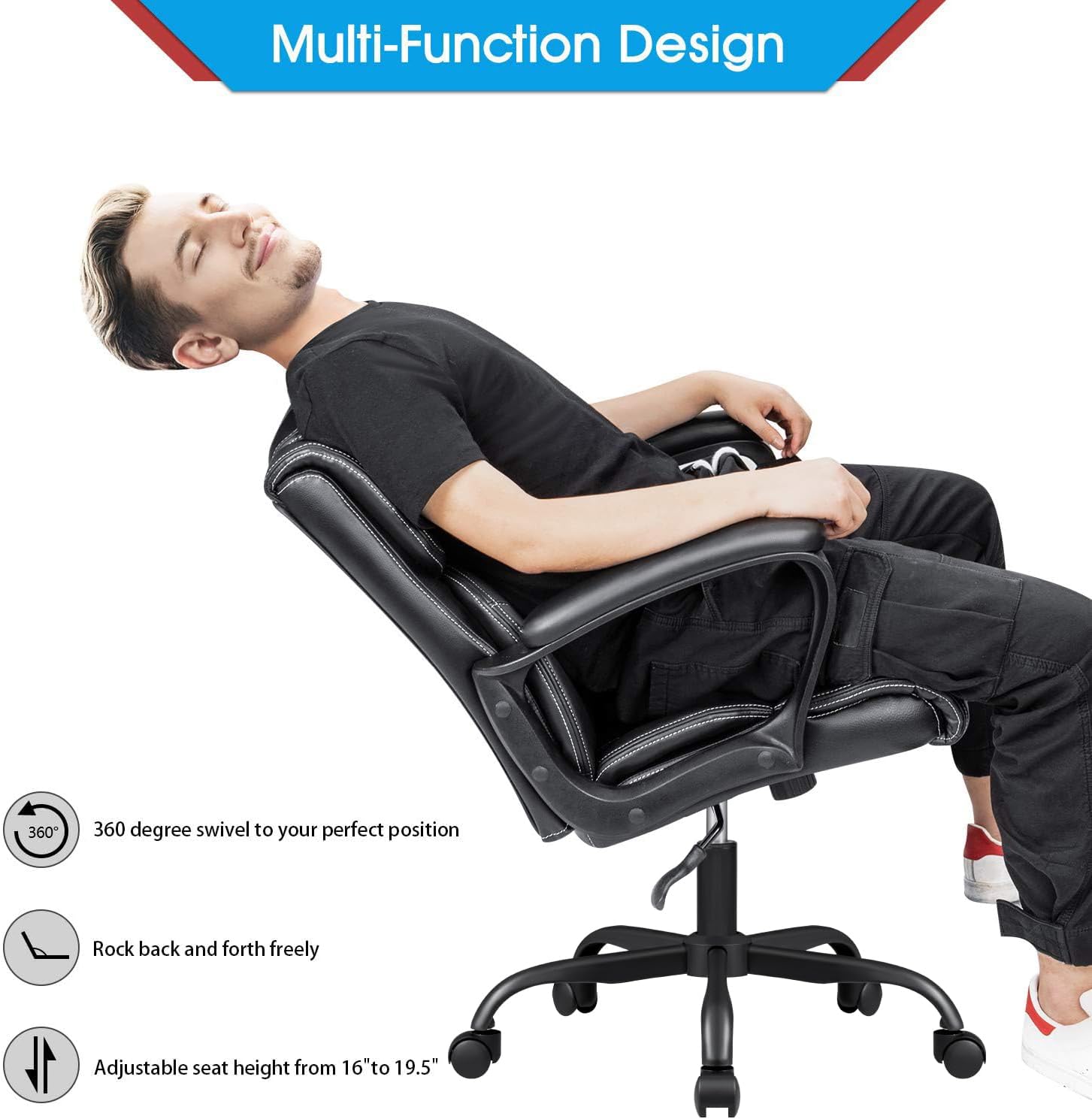 Furmax Mid Back Executive Office Chair Swivel Computer Task Chair with Armrests,Ergonomic Leather-Padded Desk Chair with Lumbar Support
