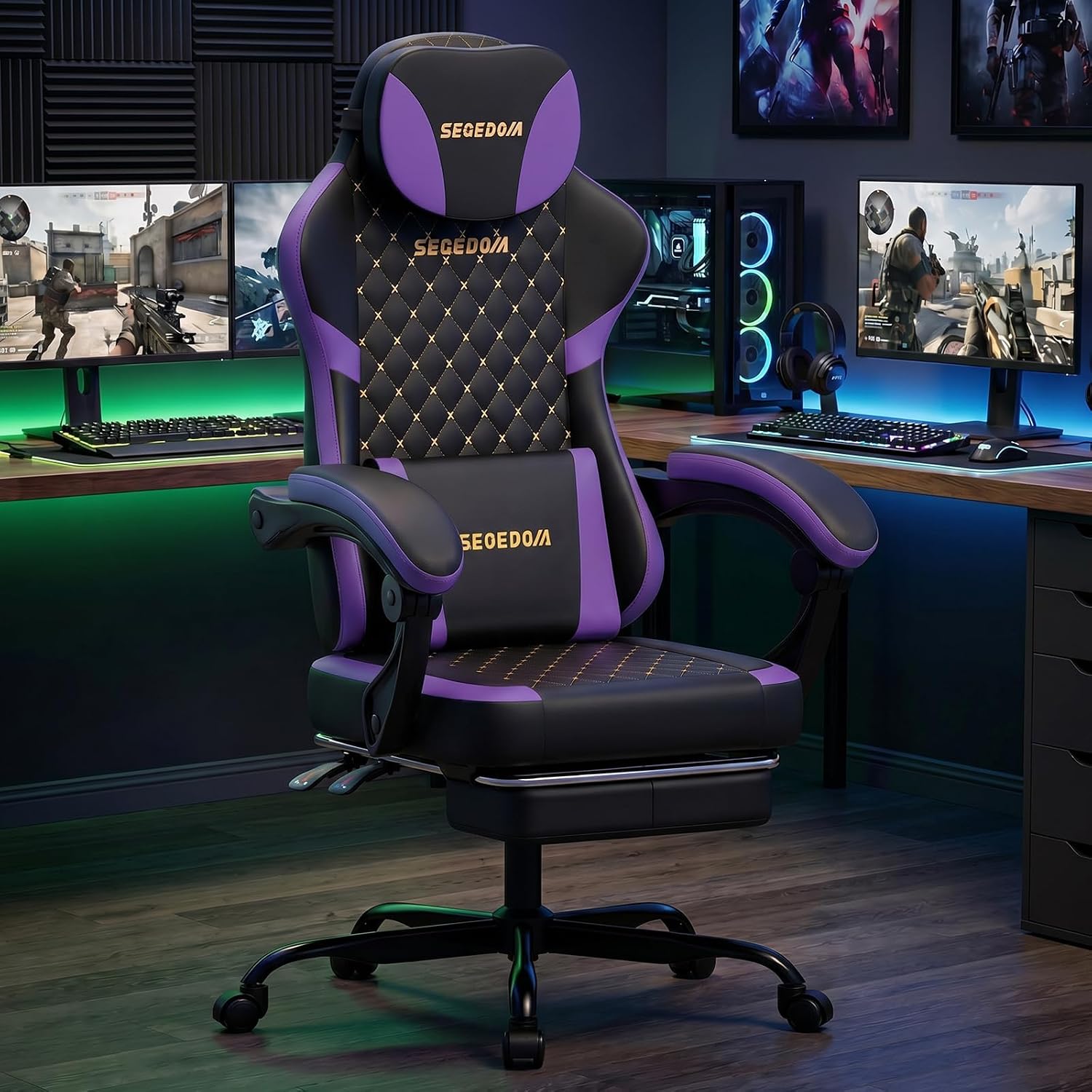 Ergonomic Gaming Chair with Footrest & Massage Lumbar Pillow, Height Adjustable 360° Swivel Computer Chair, Linked Armrest & Headrest for Office Gaming (Black Purple)