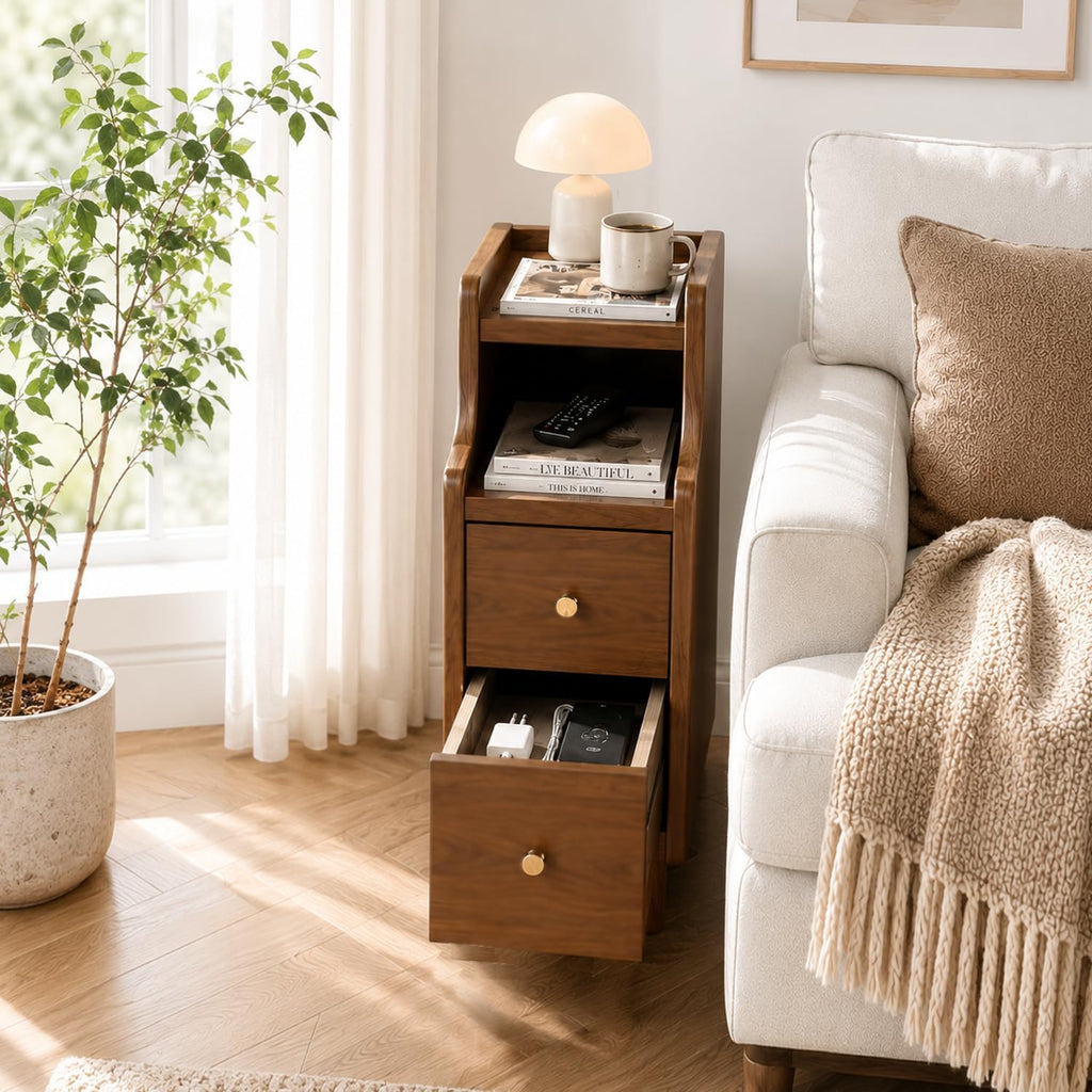 YUNMUARY-Narrow Side Table,Walnut Nightstand,Mid Century Modern Nightstands,Night Stand with Drawers,7.87 Inches Wide Skinny End Table for Bedroom,Living Room,Corners.Easy Assembly.