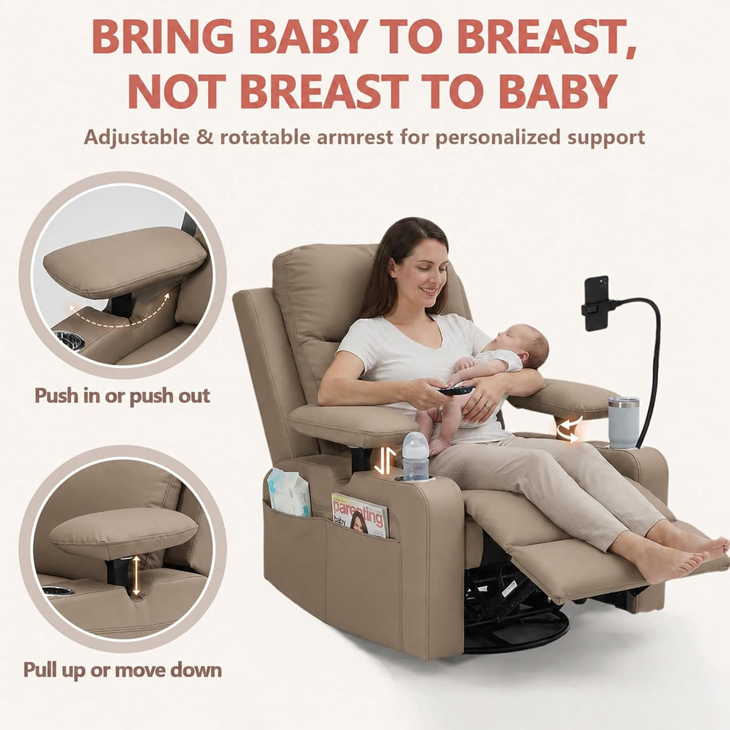 Power Glider Chair for Nursery Rocker, Electric Swivel Recliner Rocking Chair with Height-Adjustable Armrests, Rocker Glider Recliner with Cup & Blanket Holders, USB, Remote Control (Brown, 1)