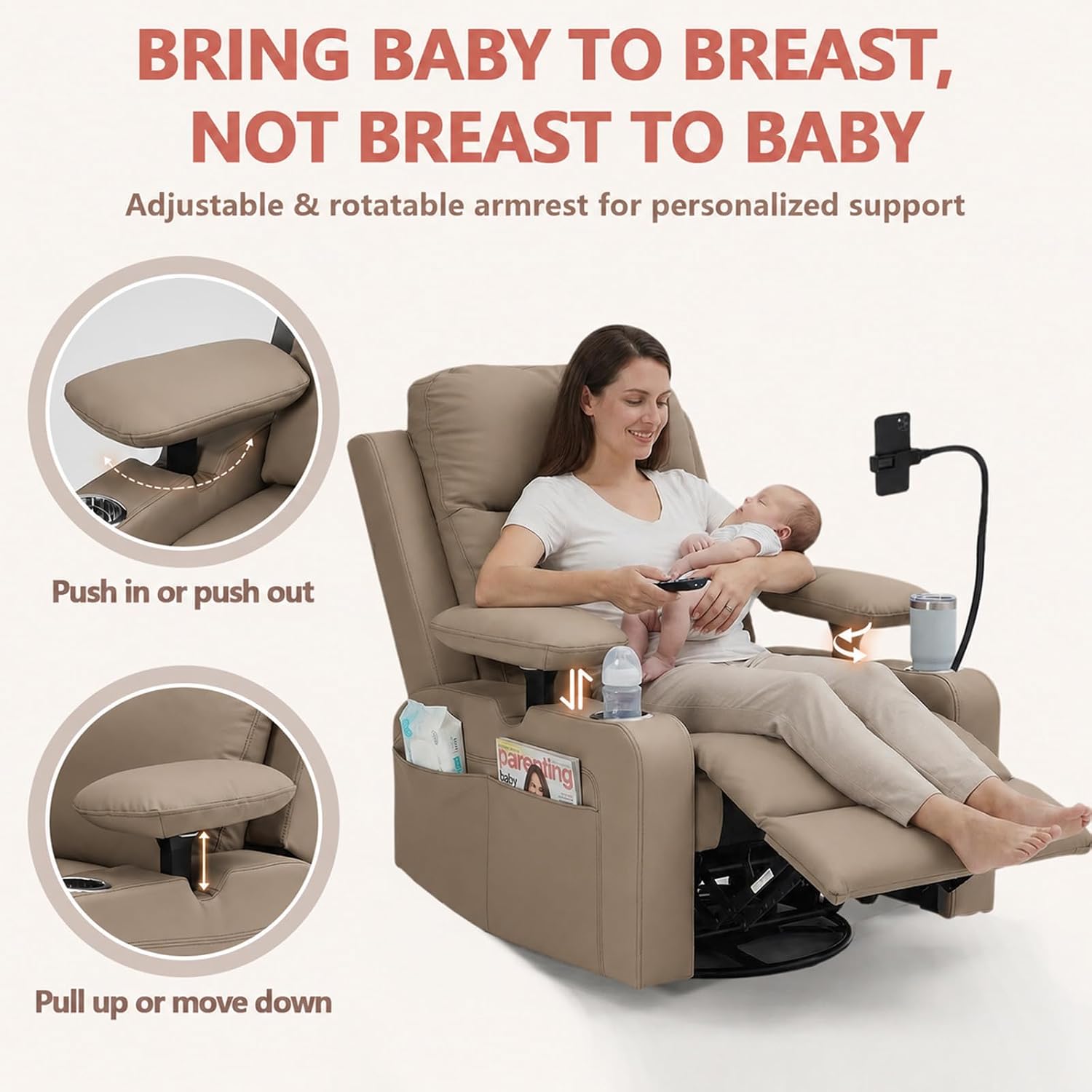 Power Glider Chair for Nursery Rocker, Electric Swivel Recliner Rocking Chair with Height-Adjustable Armrests, Rocker Glider Recliner with Cup & Blanket Holders, USB, Remote Control (Brown, 1)
