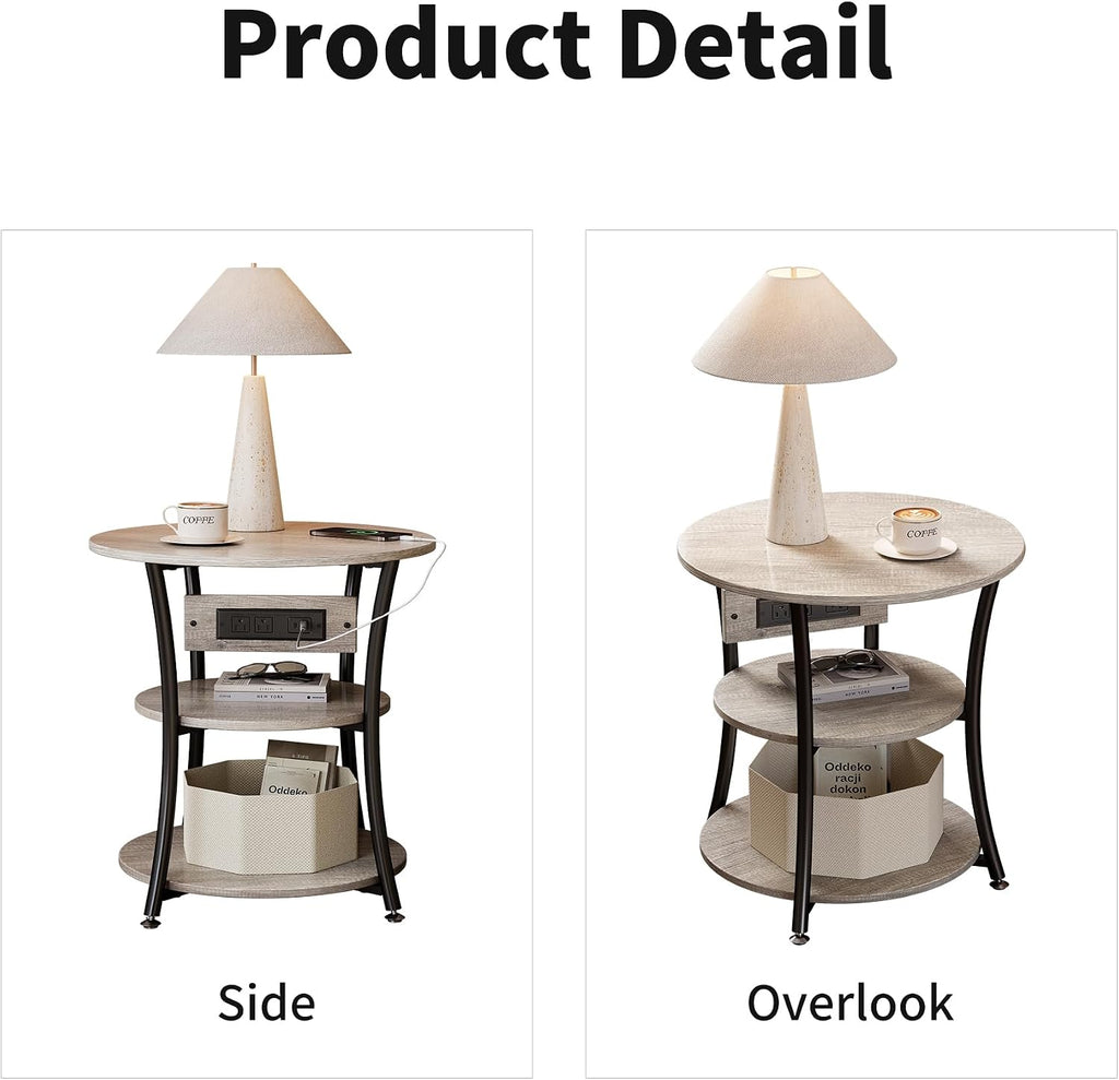 Side Table with Charging Station, End Nightstand with USB Ports and Outlet，3-Tier End Tables Living Room，for Living Room, Bedroom, Corners, and Office (Grey)
