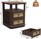 24" End Table Set of 2 with Charging Station, Rattan Drawer Sofa Side Table, Anti-Collision Corner Wooden Nightstand for Living Room Bedroom Office