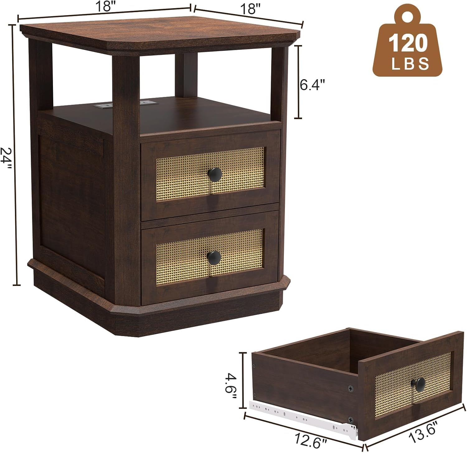 24" End Table Set of 2 with Charging Station, Rattan Drawer Sofa Side Table, Anti-Collision Corner Wooden Nightstand for Living Room Bedroom Office
