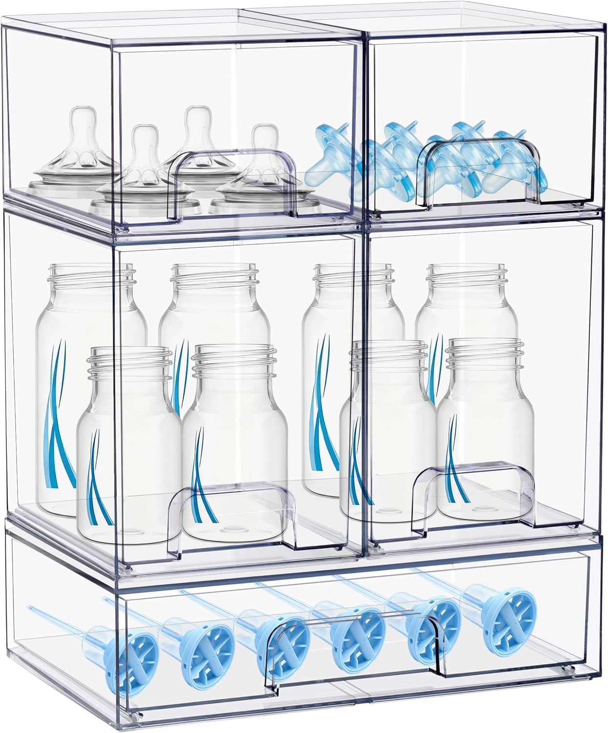 Baby Bottle Organizer, 5 Pack Stackable Storage Dust-proof Drawers, Clear Plastic Bottle Station Organizer for Countertop & Cabinet, Pacifier and Medicine Container for Nursery