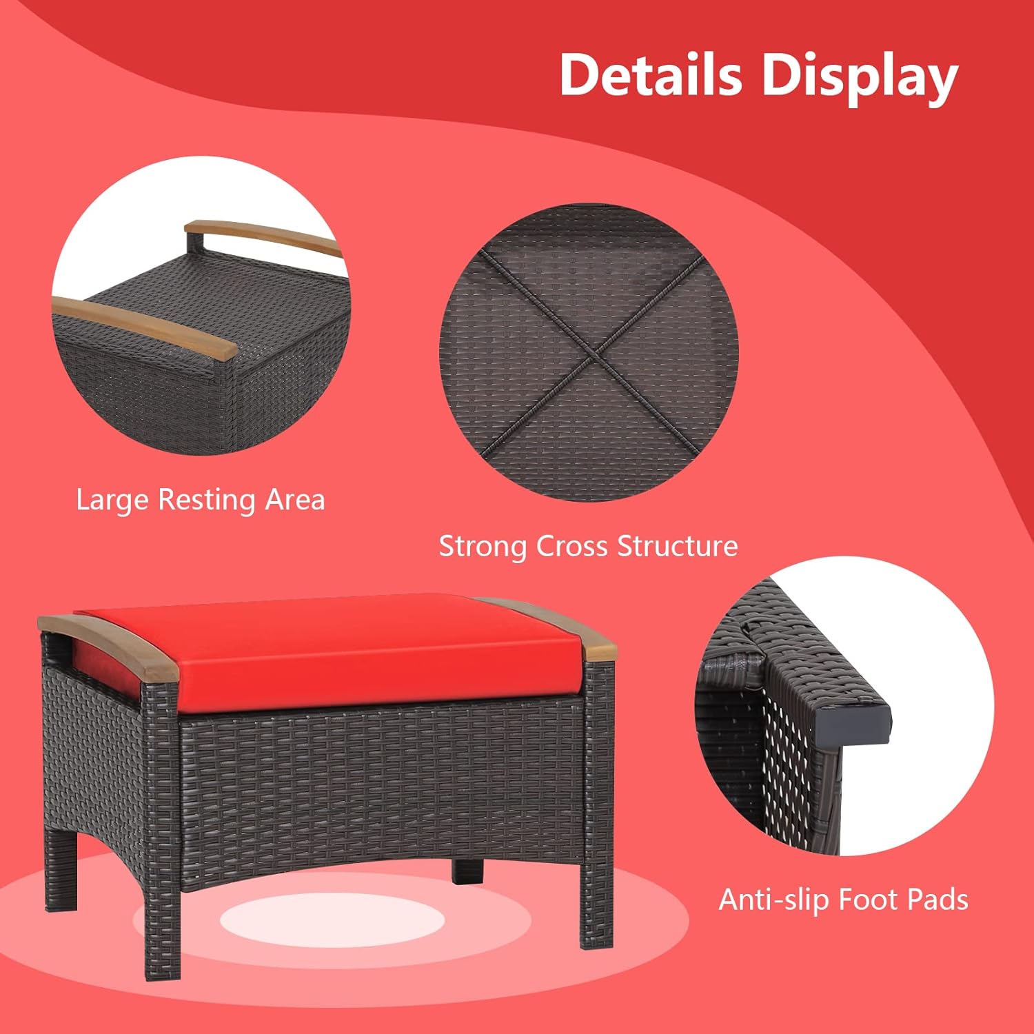 DORTALA Outdoor Ottoman Wicker 2 Piece, Square Patio Ottomans PE Rattan Foot Rest Footstool with Cushions for Couch, Chair, Red