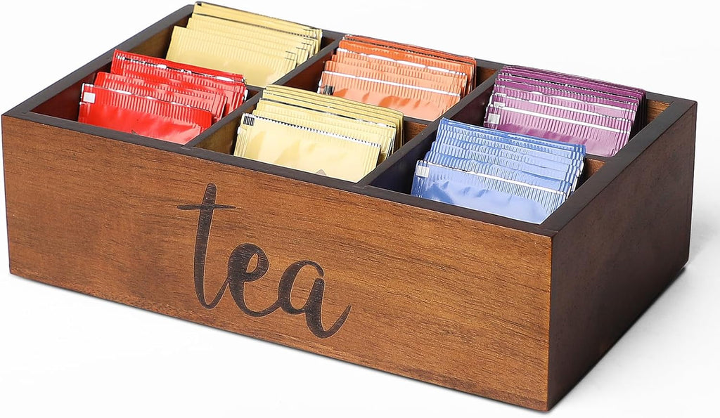 LBEMEY Tea Bag Organizer, Wood Tea Storage Containers with 6 Compartments, Sugar Packet Holder,Tea Bag Caddy Box for Cabinet Countertop Office (Brown-Labeled "Tea")