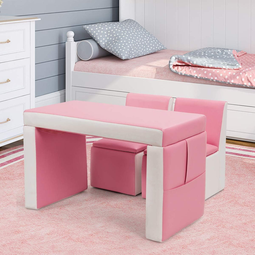 Costzon Kids Couch, 2 in 1 Double Seat Children's Sofa Convert to Table and Two Chairs for School, Storage Space, PVC Surface, Large Soft Kids Preschool Sofa Couch for Boys Girls Gifts (Pink)