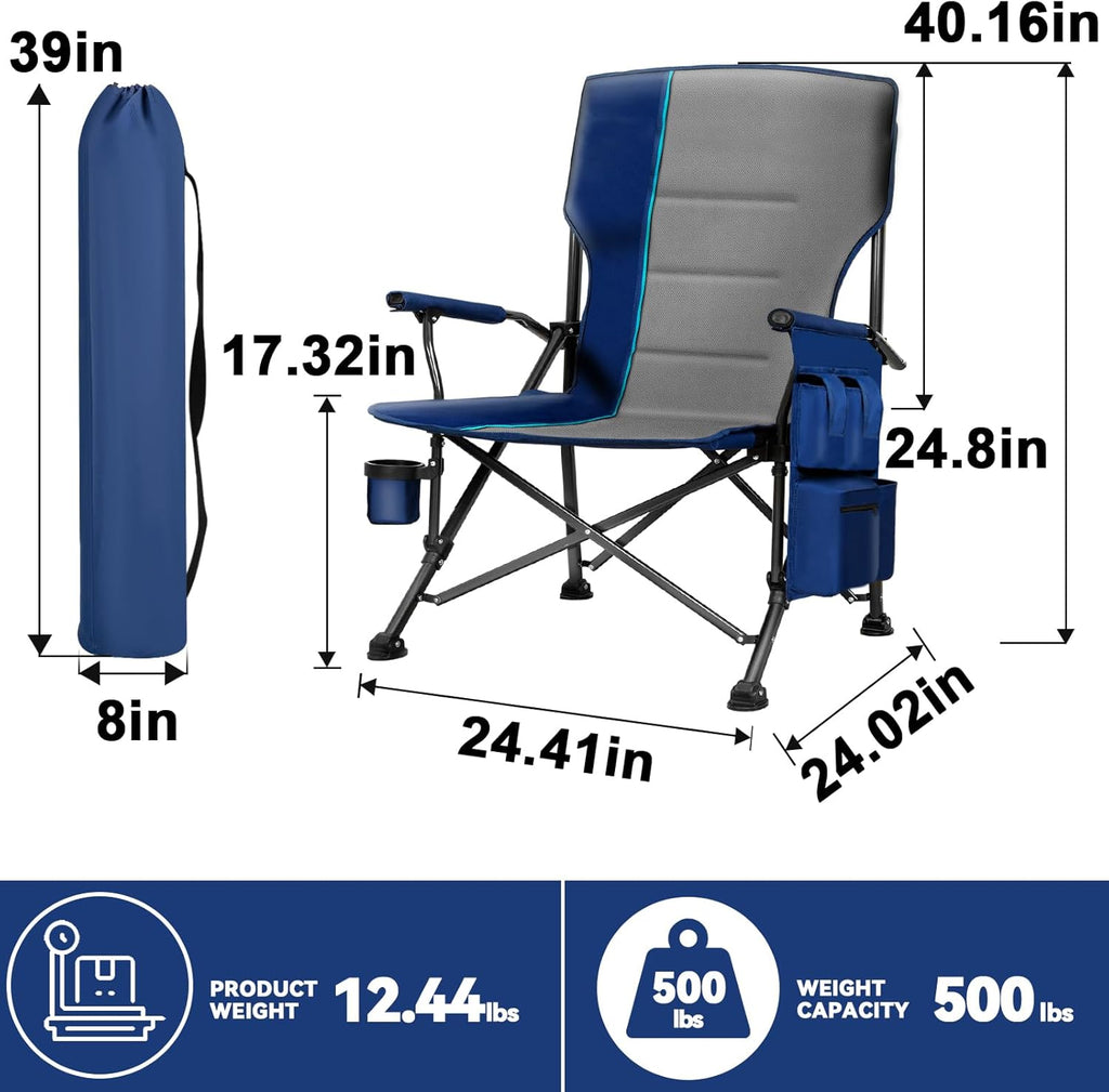 Oversized Camping Chair 2 Pack with Metal Hard Handle, Heavy Duty Folding Camp Chairs with High Back Support, Up to 500lbs Portable Outdoor Chairs for Beach, Tailgating, Blue