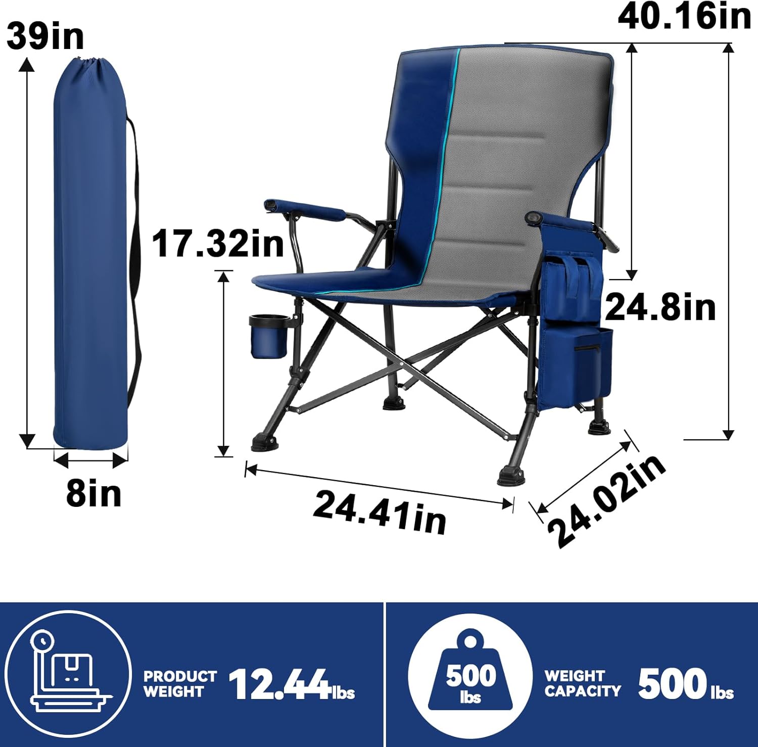 Oversized Camping Chair 2 Pack with Metal Hard Handle, Heavy Duty Folding Camp Chairs with High Back Support, Up to 500lbs Portable Outdoor Chairs for Beach, Tailgating, Blue