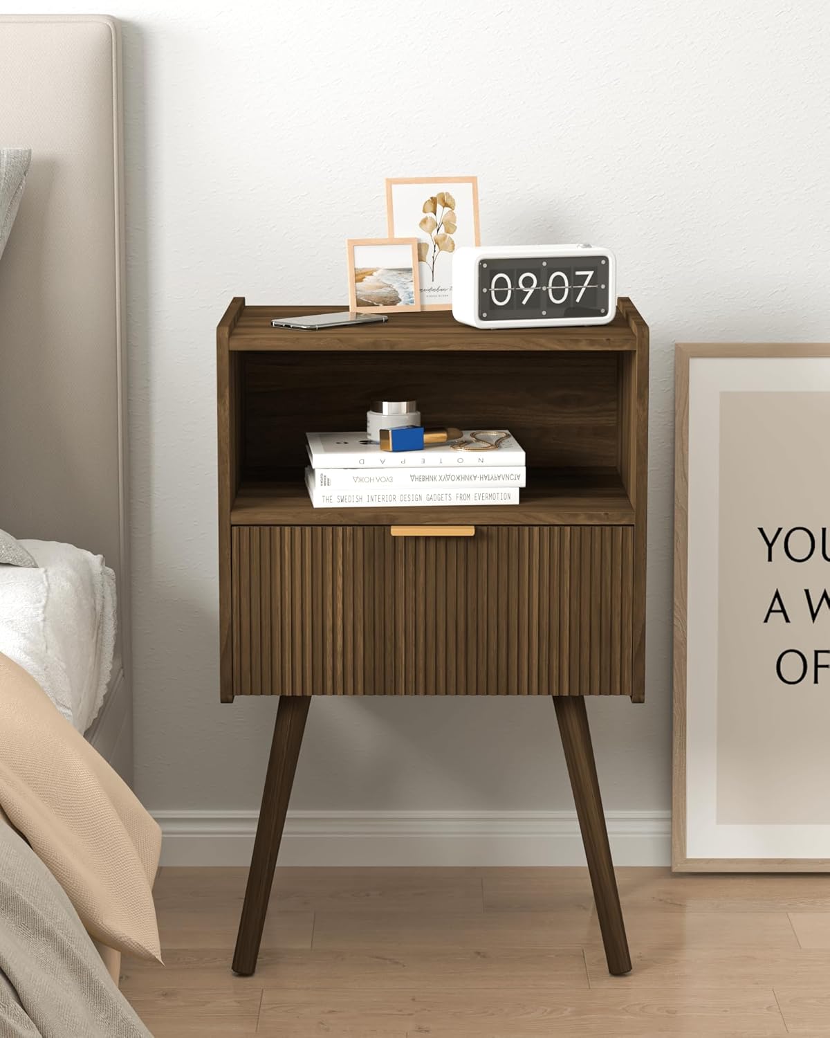 JOONEE Nightstand,Modern Bedside Table with Storage Drawer and Open Wood Shelf, for Living Room, Bedroom and Small Spaces, Accent Night Stand with Solid Wood Legs, Easy Assembly,Walnut Brown