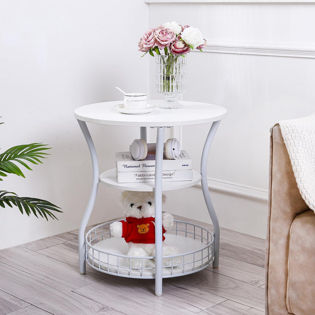 Round Side Table, 3-Tier Circular End Table with Storage Shelf,White Accent Sofa Table for Small Spaces,Round Corner Coffee Table for Living Room, Bedroom,19.6 inch Diameter