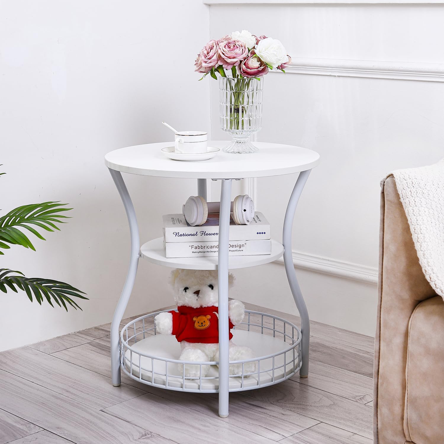 Round Side Table, 3-Tier Circular End Table with Storage Shelf,White Accent Sofa Table for Small Spaces,Round Corner Coffee Table for Living Room, Bedroom,19.6 inch Diameter