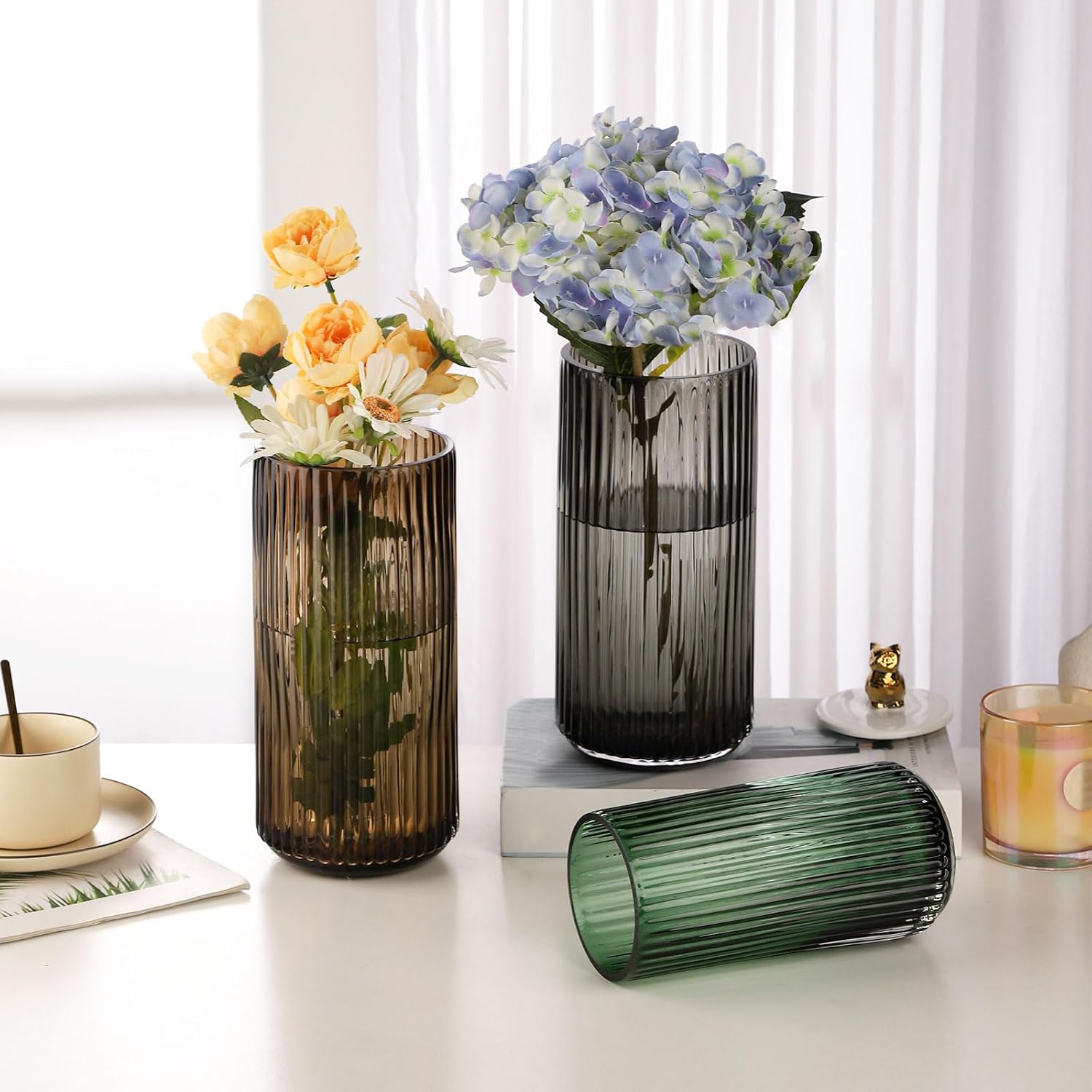 WHJY Cylindrical Gray Glass Vase, Vintage Flower Vase, Hand Blown Glass Vase, Decor for Dining Table Centerpiece Décor – 10 inches