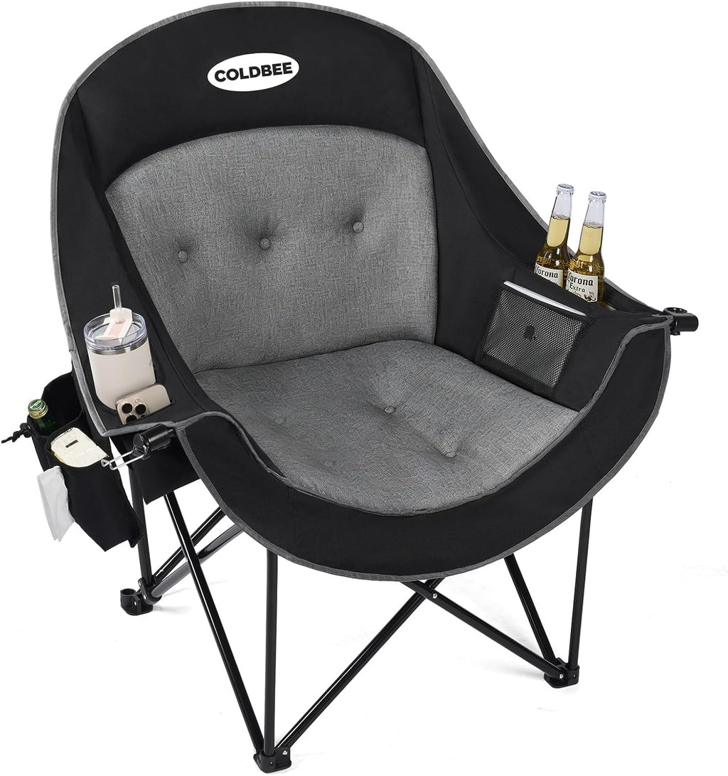 Coldbee Oversized Camping Chairs for Adults - Heavy Duty Padded Folding Lawn Chairs with Cup Holders & Cooler Bag, Comfy Outdoor Chair for Picnic, Beach, Fishing (Black)
