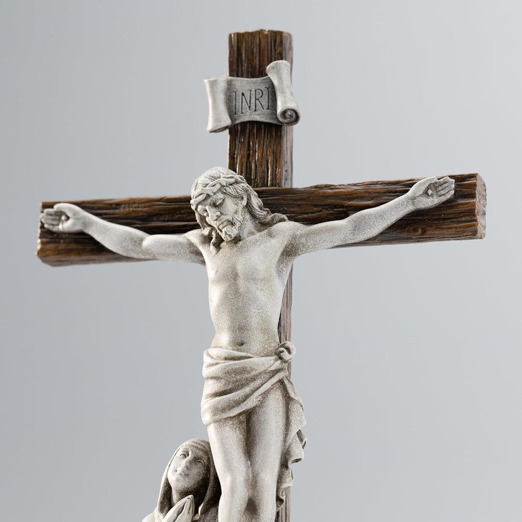 DevotedWalls Standing Crucifix Wall Cross, Catholic 12" H Crucifixion of Jesus Christ Scene Statue with Virgin Mary,Tabletop Cross for Easter(Stone Color)