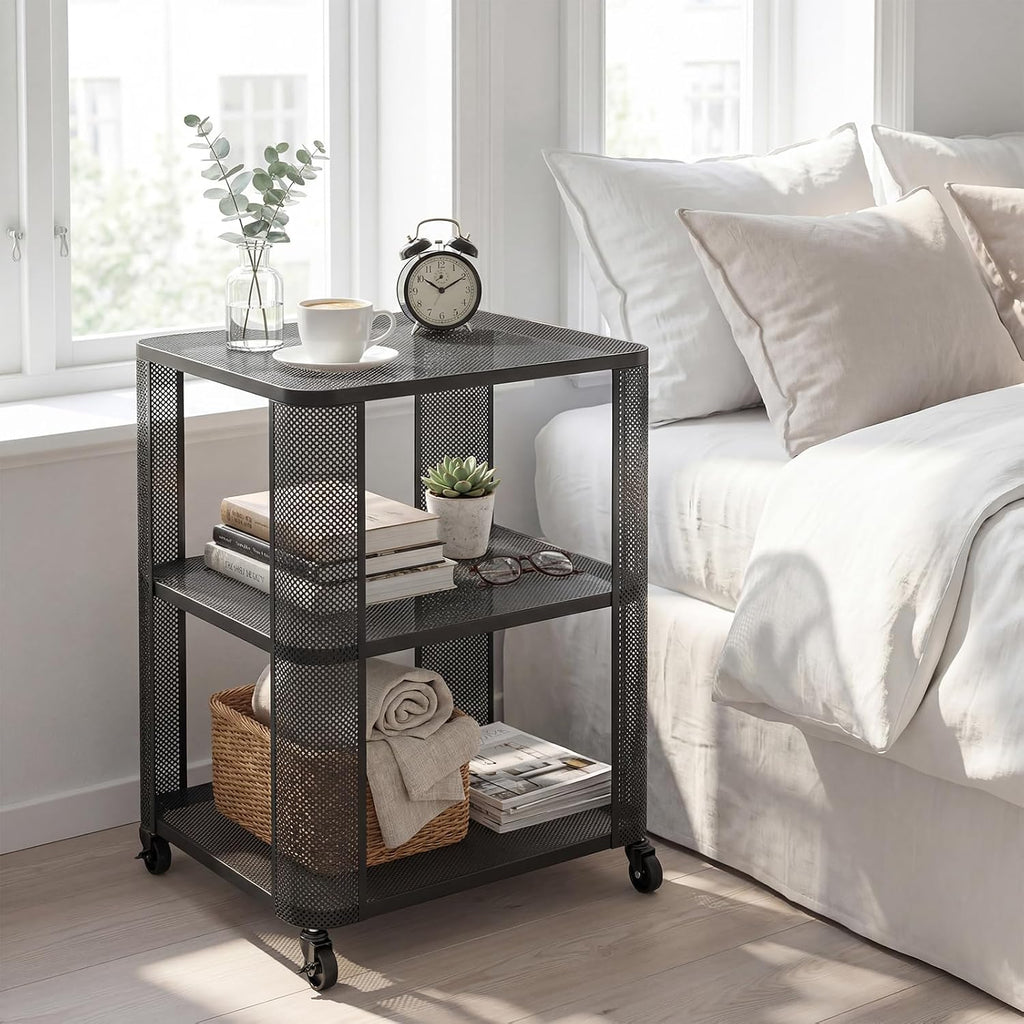 Giantex 3-Tier End Table, Rolling Side Table w/Open Storage Shelves, Sturdy Mesh Metal Frame & Lockable Wheels, Mobile Small Bedside Night Stand for Bedroom Living Room Office
