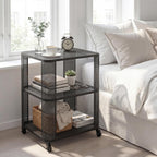 Giantex 3-Tier End Table, Rolling Side Table w/Open Storage Shelves, Sturdy Mesh Metal Frame & Lockable Wheels, Mobile Small Bedside Night Stand for Bedroom Living Room Office