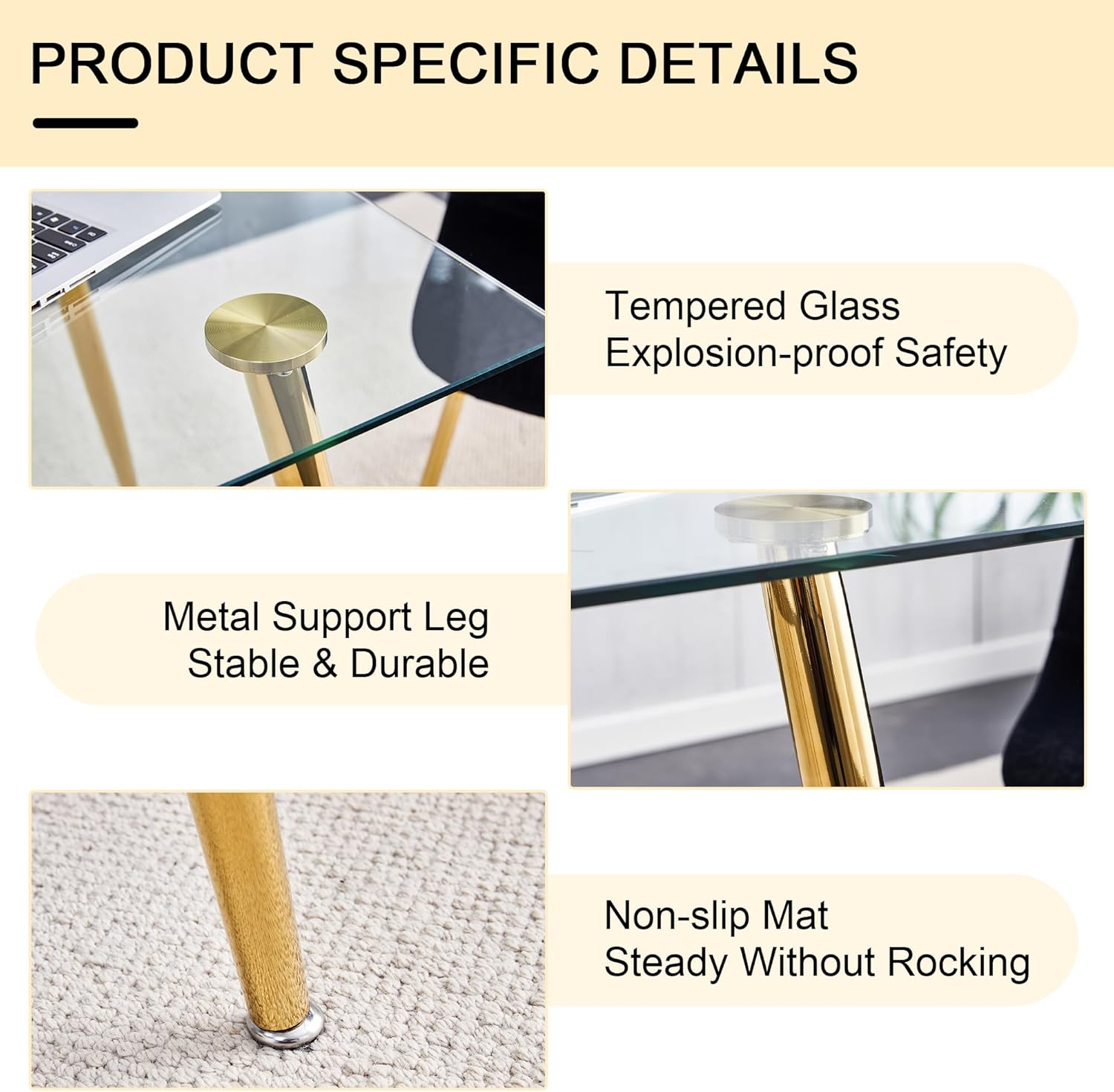 Baysitone 63" Modern Glass Dining Table with 4 Green Velvet Dining Chairs, Gold Metal Legs - Stylish 5-Piece Dining Set for Home