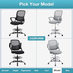 Drafting Chair Tall Office Chair for Standing Desk Counter Height Adjustable, Egronomic Lumbar Support with Flip Up Armrest, Footrest, Rolling, Grey, 1pc