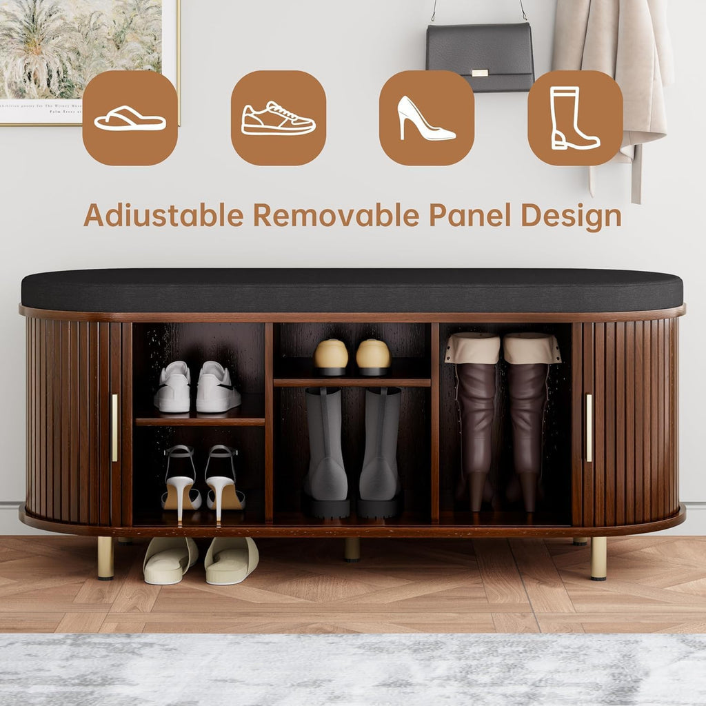 Entryway Bench with Storage: 43.31" Wooden Bedroom Shoe Bench with Thickened Padded Seat Cushion, Mid Century Modern Fluted Sliding Door and Adjustable Shelf, for Entryway, Living Room