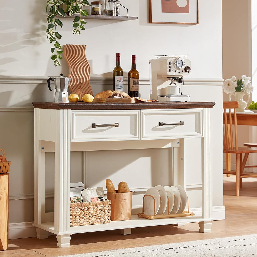 SAVOR LIFE Farmhouse 46" Console Table with 2 Drawers, Rustic Wood 2 Tier Entryway Table with Open Storage Shelf for Entry, Large Mid-Century Vintage Sofa Tables Behind Couch for Living Room, White