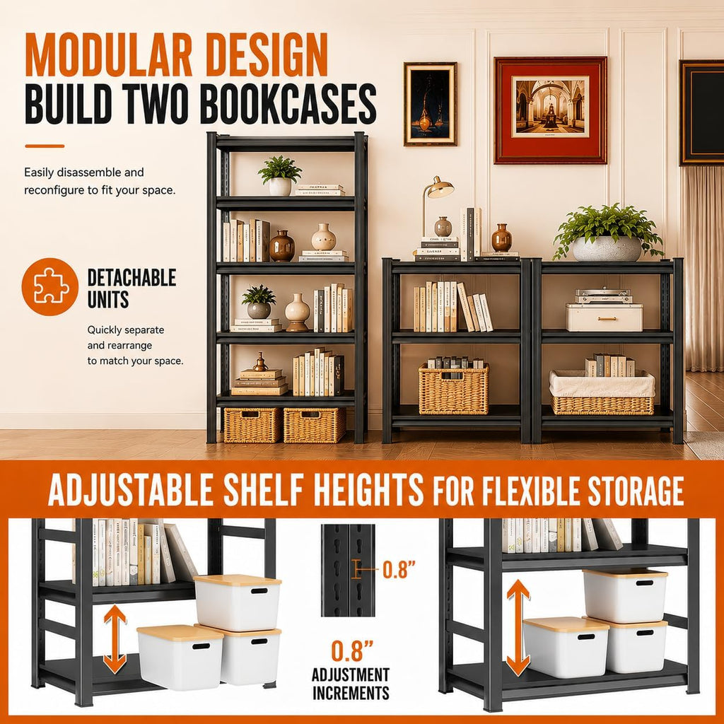 Bolt-Free 5 Tier Metal Bookshelf, 71"H Adjustable Tall Bookcase with Anti-Drop Fence, 1500LBS Heavy Duty Deep Book Shelf, Large Office Bookshelf, Modern Storage Shelves for Bedroom, LivingRoom, Garage