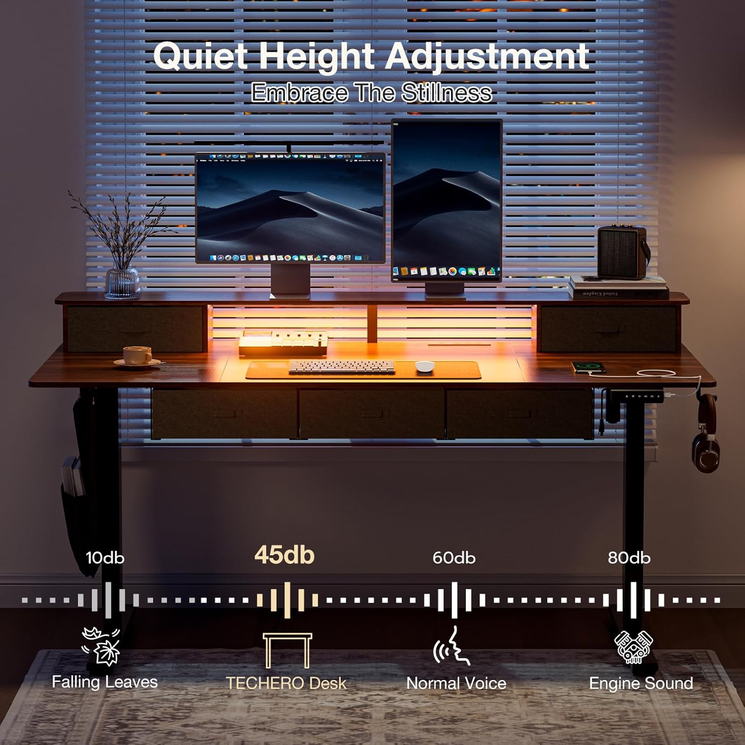63x32″ Electric Standing Desk with 5 Drawers, Sit Stand Desk with Power Outlets, Monitor Shelf, RGB LED Lights and Cable Management, Height Adjustable 28.3"-47.2" for Home & Office, Walnut