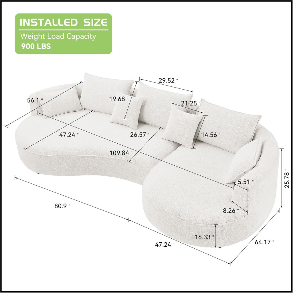 KEVINSPACE 128.15" Sofa Couch Modern Curved Cloud Round Sectional Couches Comfy with Pillows Luxury Chaise L Shape Upholstery for Living Room Apartment White Right Hand Facing