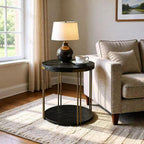Modern Vintage Round End Table, 22” 2-Tier Sofa Side Table with Black Wood Top and Brass Metal Frame for Living Room, Bedroom