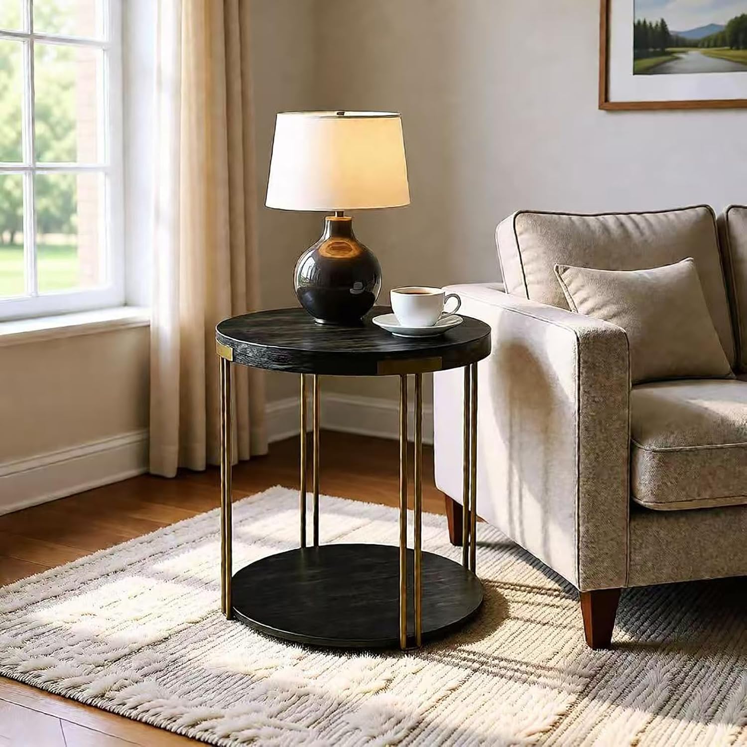 Modern Vintage Round End Table, 22” 2-Tier Sofa Side Table with Black Wood Top and Brass Metal Frame for Living Room, Bedroom