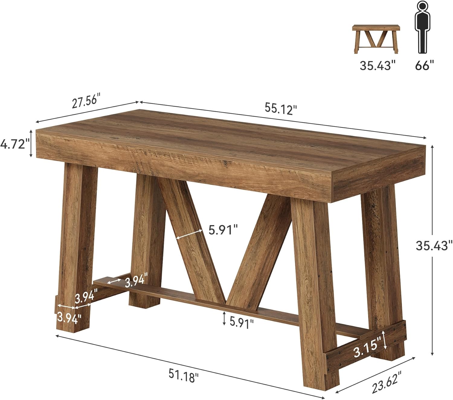 LITTLE TREE Bar Table, 55'' Long Counter Height Pub Table, Farmhouse Wooden Tall Bistro Tabletop, Rectangular Home Coffee Bar Unit for Dining Room, Kitchen, Living Room, Basement, Rustic Brown