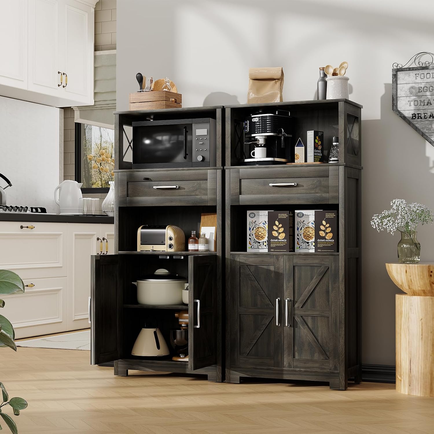 kepptory 55" Tall Kitchen Pantry, Farmhouse Storage Cabinet with Doors, Shelves and Drawer, Rustic Wood Cupboard for Kitchen, Dining Room