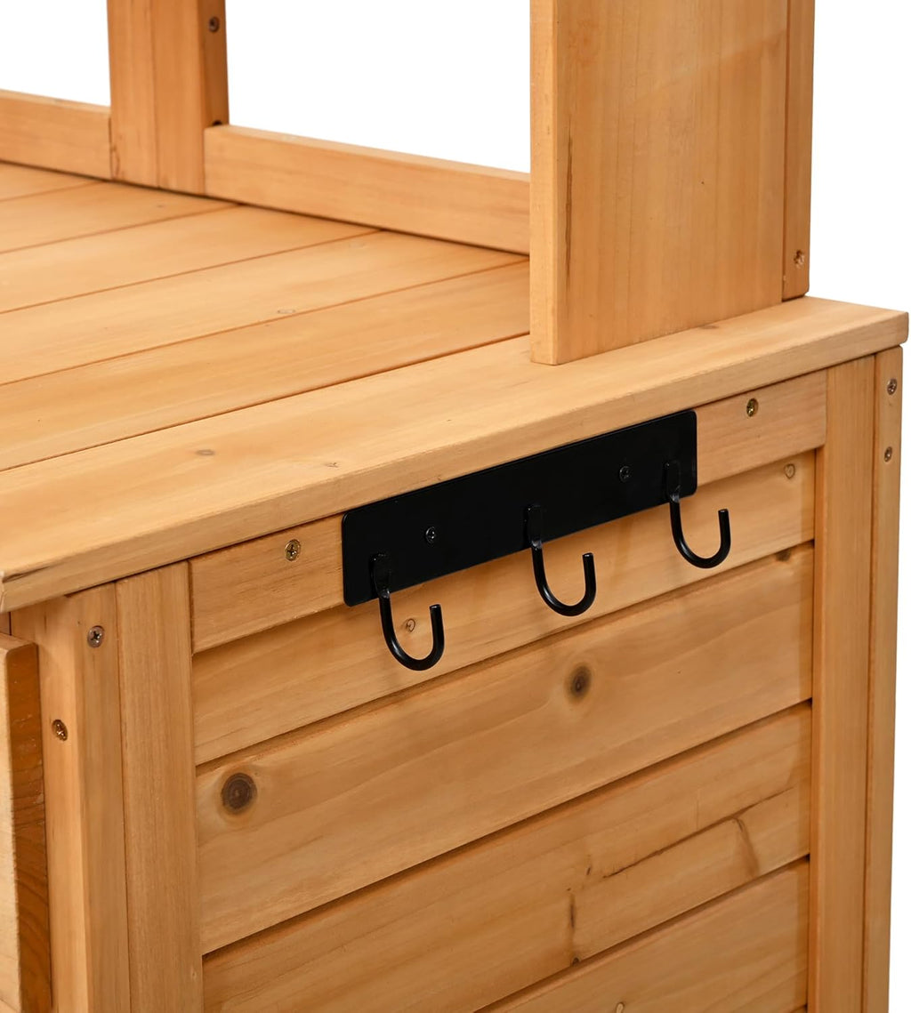LUMISOL Garden Potting Bench Table with Hutch, Solid Fir Wood Patio Storage Workstation with 3 Shelves, 6 Drawers, 2 Bottom Cabinet and Side Hooks for Mudroom, Doorway, Natural