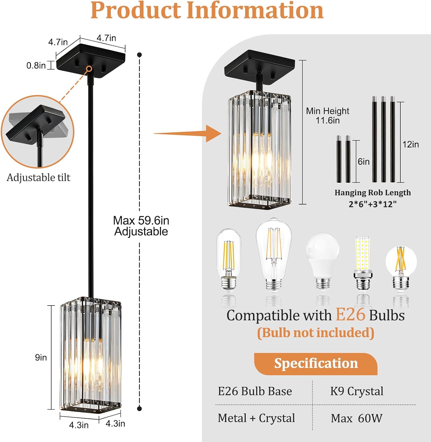 Modern Crystal Pendant Lights Kitchen Island, 3-Pack Black Hanging Light with Clear Crystal Shade, Adjustable Height Pendant Lighting for Kitchen Island Dining Room Bedroom Bar Entryway