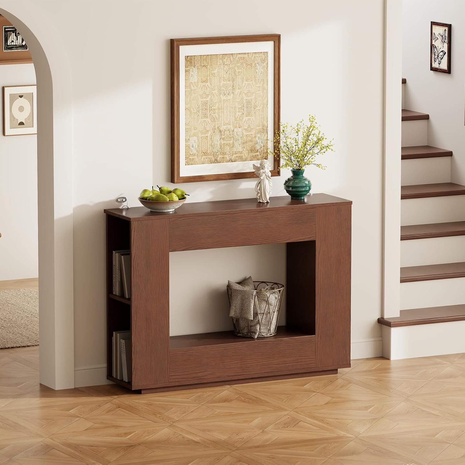 Walnut Console Table with Storage, 47.2" W Farmhouse Entryway Table, Long Sofa Table for Hallway, Living Room, Foyer
