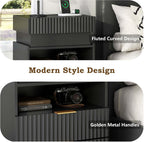 Night Stand with Wireless Charging Station, Black Bedside Table with Hidden Gun Drawer & LED Lights, Modern End Table with 2 Drawers, Fluted Nightstands with Open Storage Shelf for Bedroom