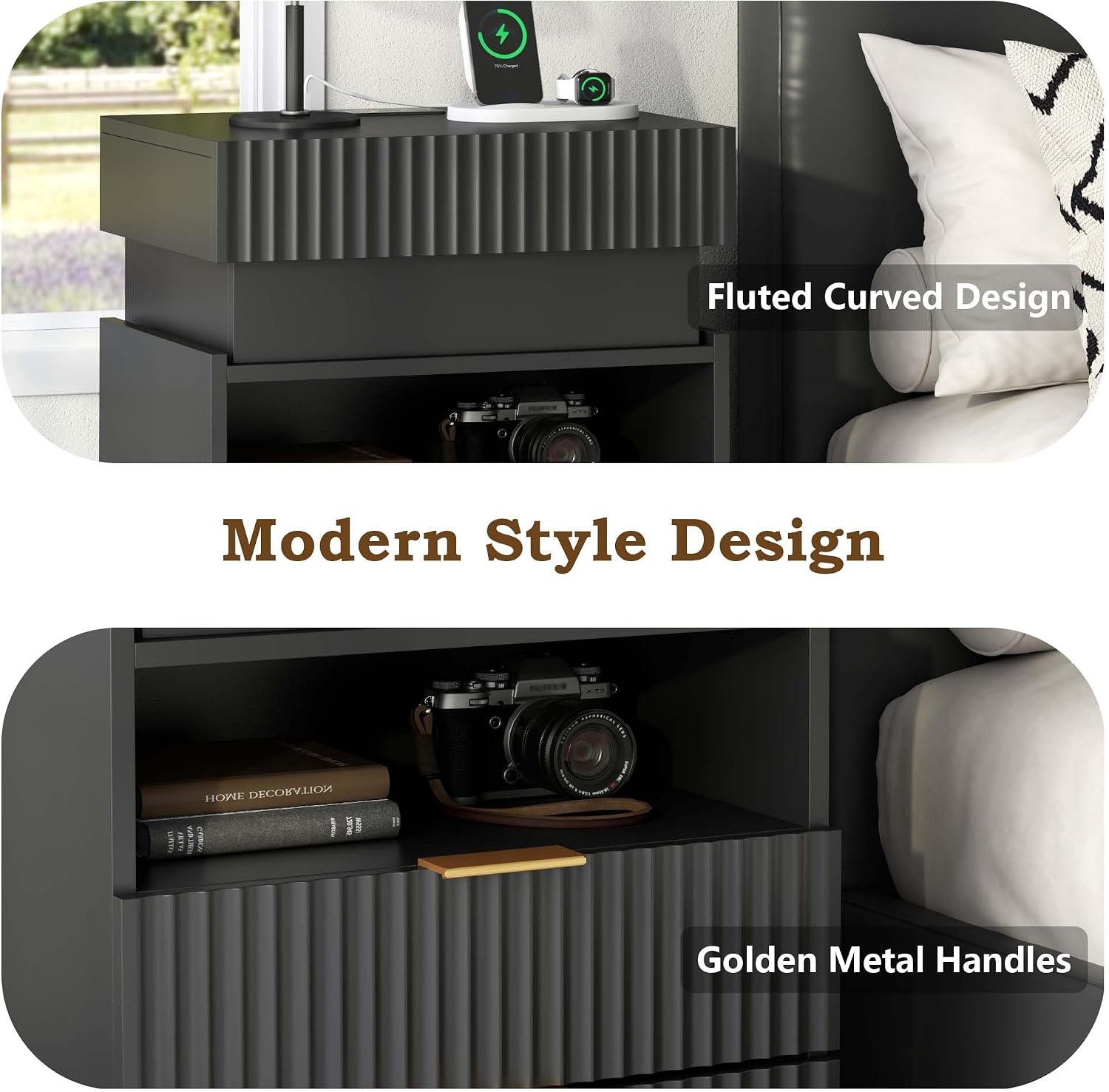Night Stand with Wireless Charging Station, Black Bedside Table with Hidden Gun Drawer & LED Lights, Modern End Table with 2 Drawers, Fluted Nightstands with Open Storage Shelf for Bedroom