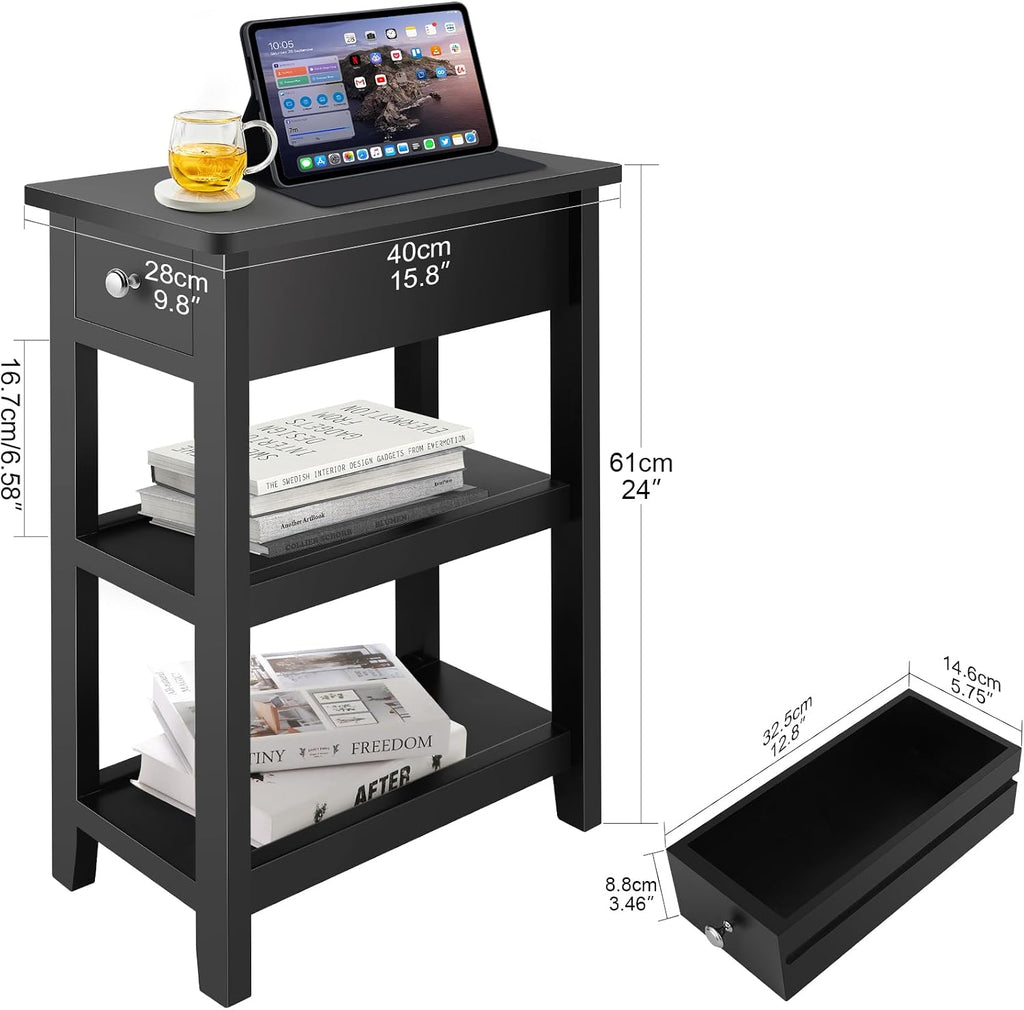 End Tables Living Room Set of 2, 3-Tier Narrow Sofa Side Table with Drawer and 2 Shelf, Small Nightstand for Bedroom, Living Room, Black