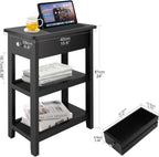 End Tables Living Room Set of 2, 3-Tier Narrow Sofa Side Table with Drawer and 2 Shelf, Small Nightstand for Bedroom, Living Room, Black