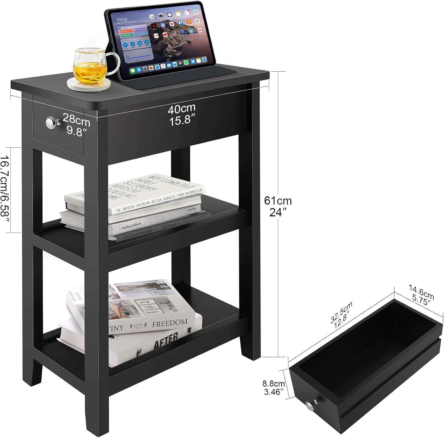 End Tables Living Room Set of 2, 3-Tier Narrow Sofa Side Table with Drawer and 2 Shelf, Small Nightstand for Bedroom, Living Room, Black