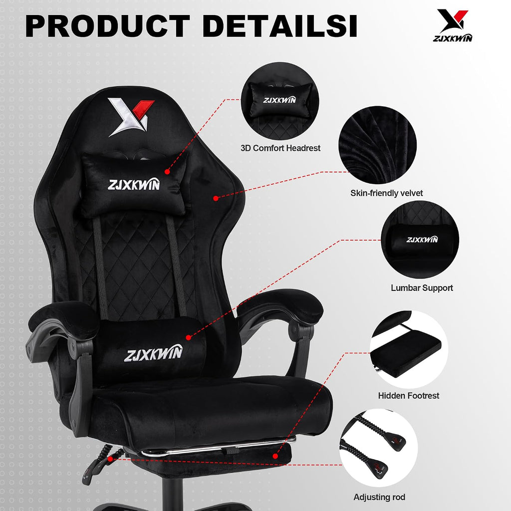 Velvet Gaming Chair, Ergonomic High Back Racing Chair with Footrest, Spring Wide Cushion, Adjustable Headrest & Lumbar Support, 90-135° Recline, 360° Swivel, 300lbs for Home Office, Black