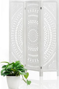 3 Panel White Room Divider, 67 Inch Wood Carved Privacy Screen, Bohemian Style Folding Room Divider, Portable Partition Wall Divider for Room Separation (White)