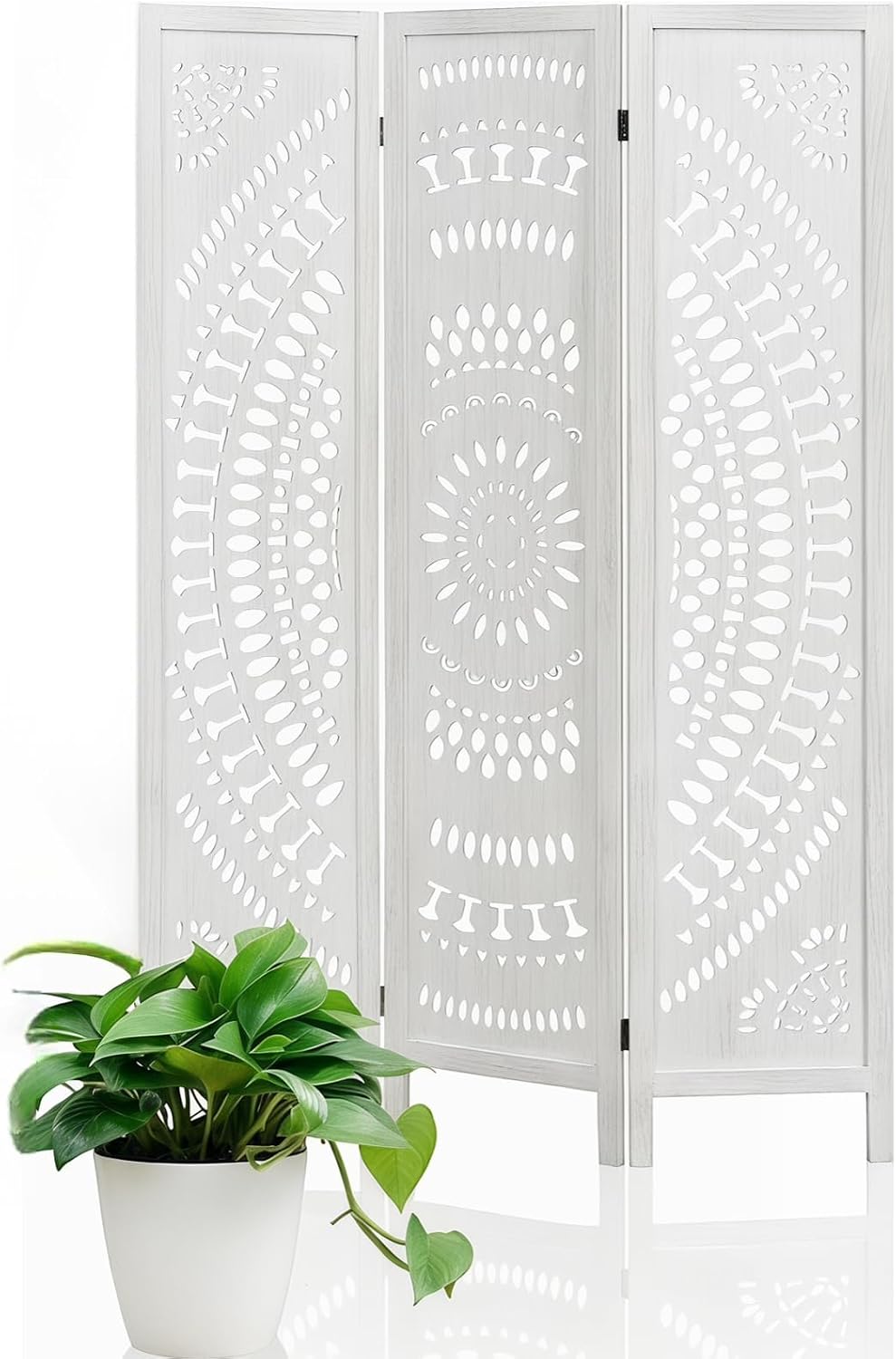 3 Panel White Room Divider, 67 Inch Wood Carved Privacy Screen, Bohemian Style Folding Room Divider, Portable Partition Wall Divider for Room Separation (White)