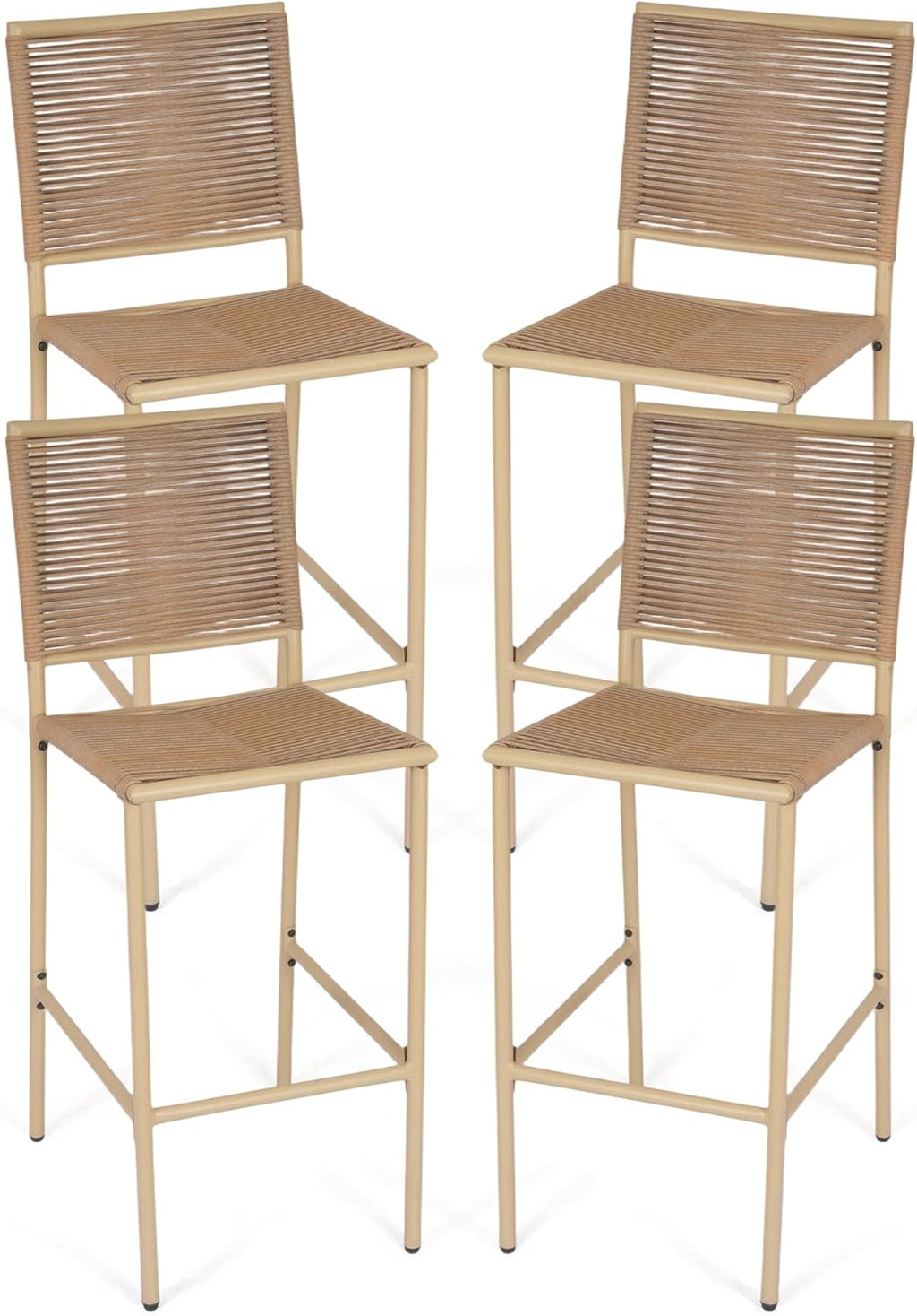 30" Patio Bar Stools Set of 4, Ergonomic Outdoor Wicker Bar Chairs with High Backrest, All-Weather Rope-Like Rattan Bar Height Barstools for Kitchen Island, Garden, Porch, Yellow